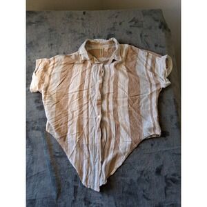 Young Hearts Run Free Womens Mocha Brown Striped Linen Blend Tie Front Shirt L